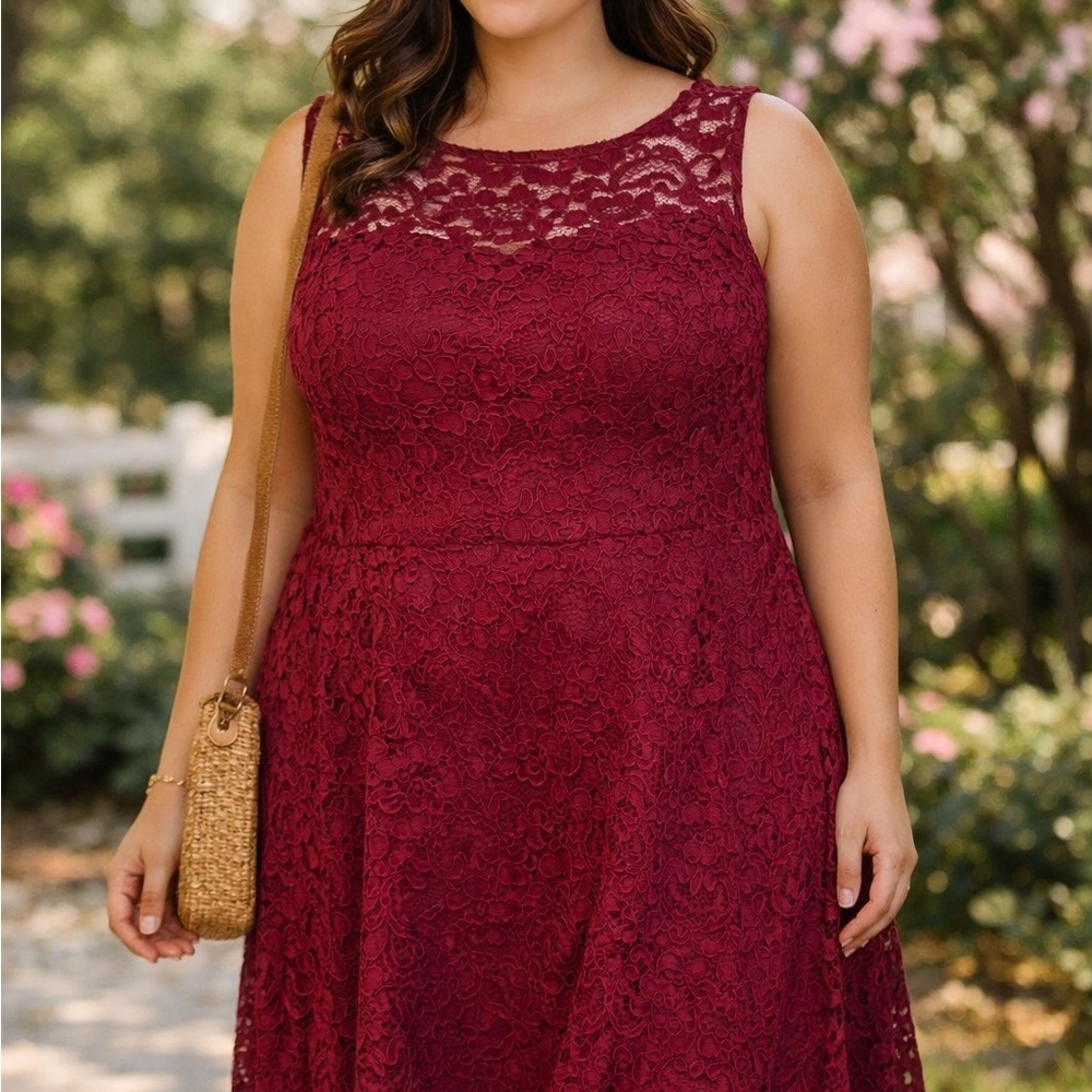 David's Bridal Sleeveless Lace A-Line Dress in Burgundy